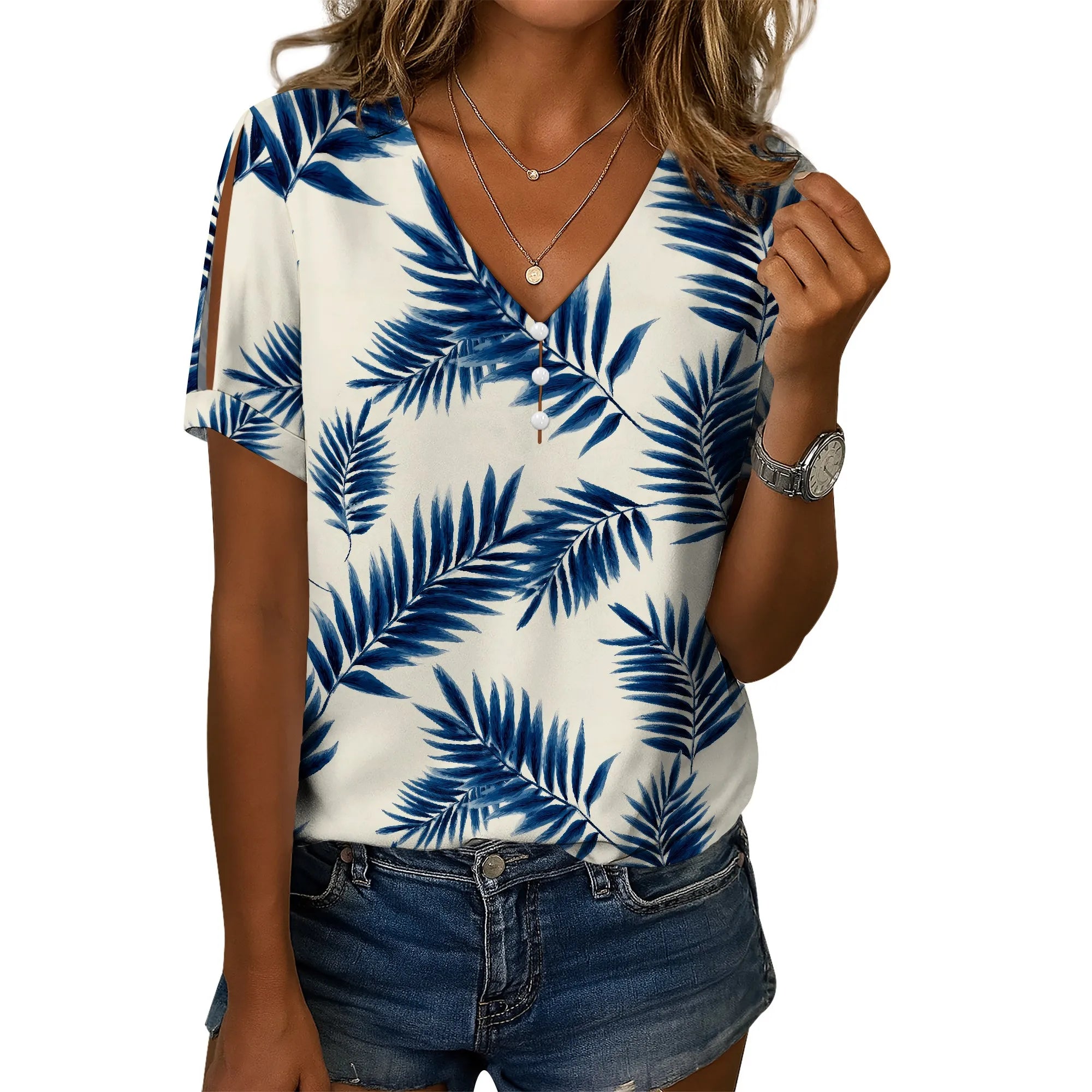 Cold Shoulder Casual Tops for Women Button Boho Floral Printed V-Neck Vintage Short Sleeve Summer T Shirts