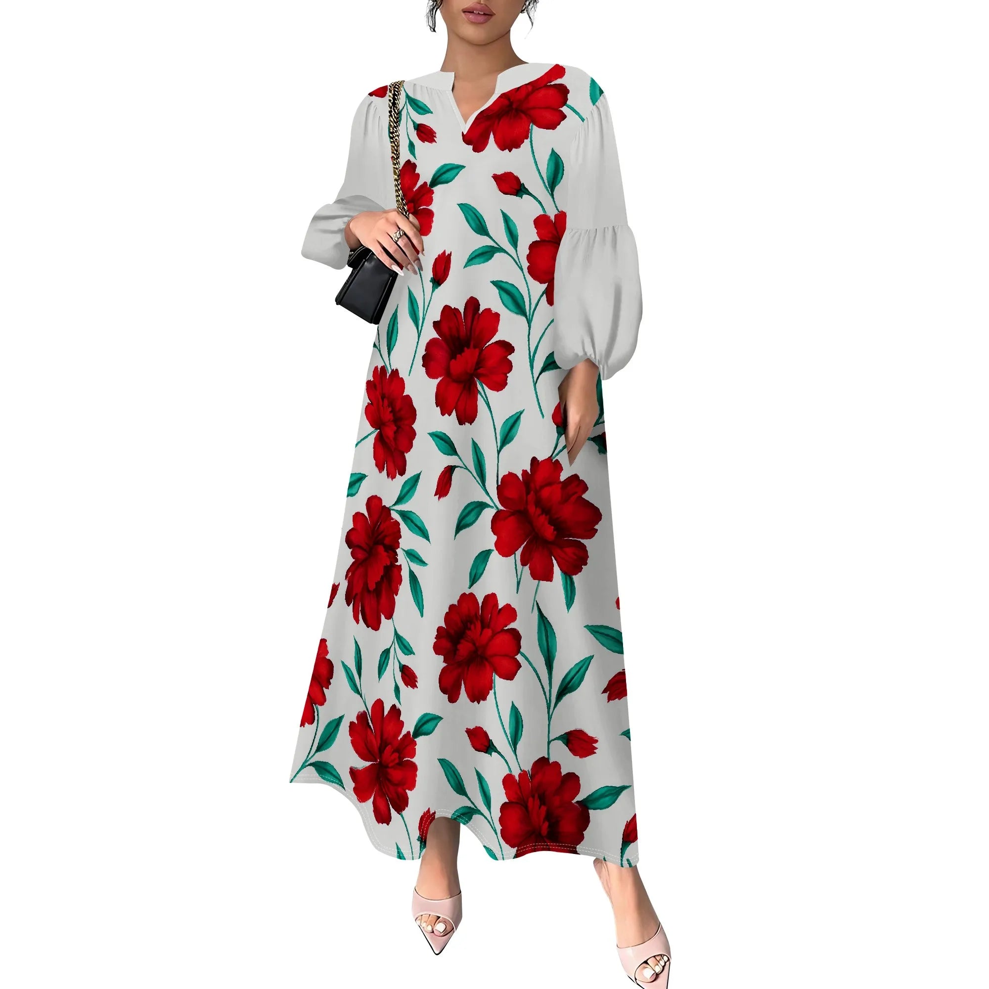 Women's Summer Boho Floral Long Sleeve V-Neck Midi Dress Casual Loose Colorful Beach Vacation Dress with Pockets