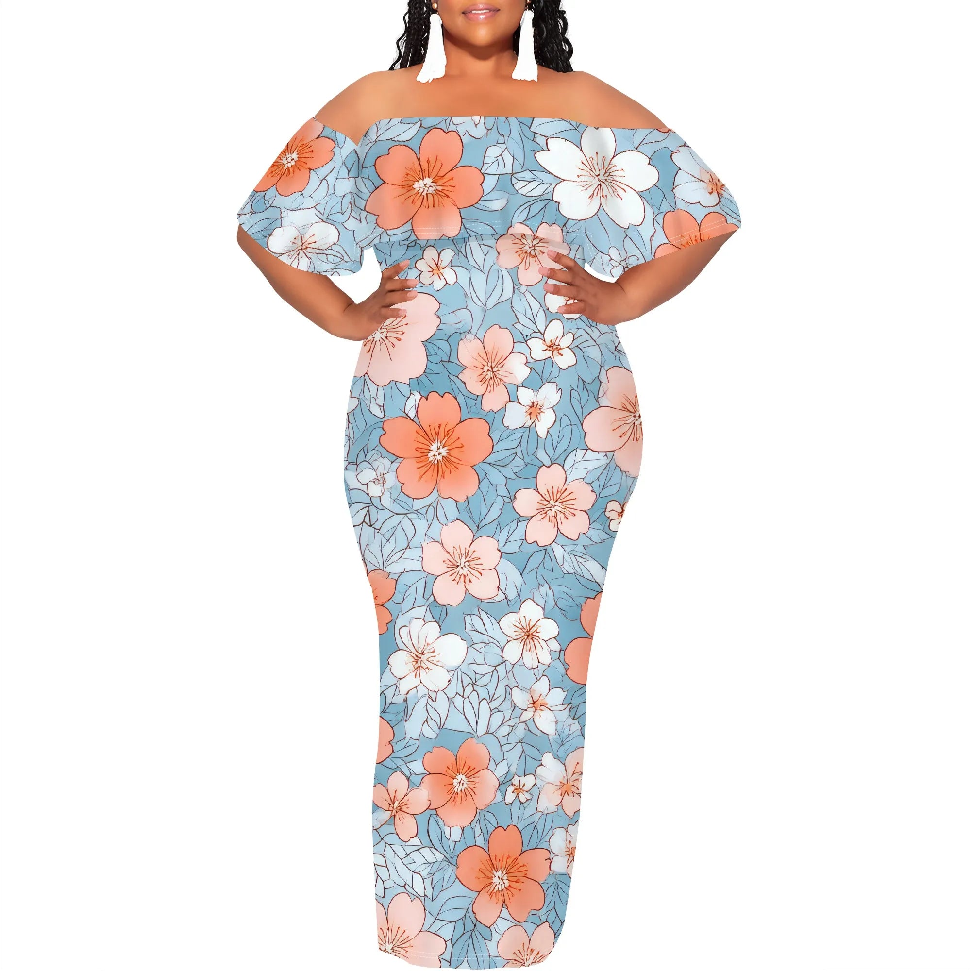 Curvy Women Casual Solid Color Off Shoulder Casual Short Sleeve Sexy Plus Size Maxi Dress Cocktail Club Party Dresses
