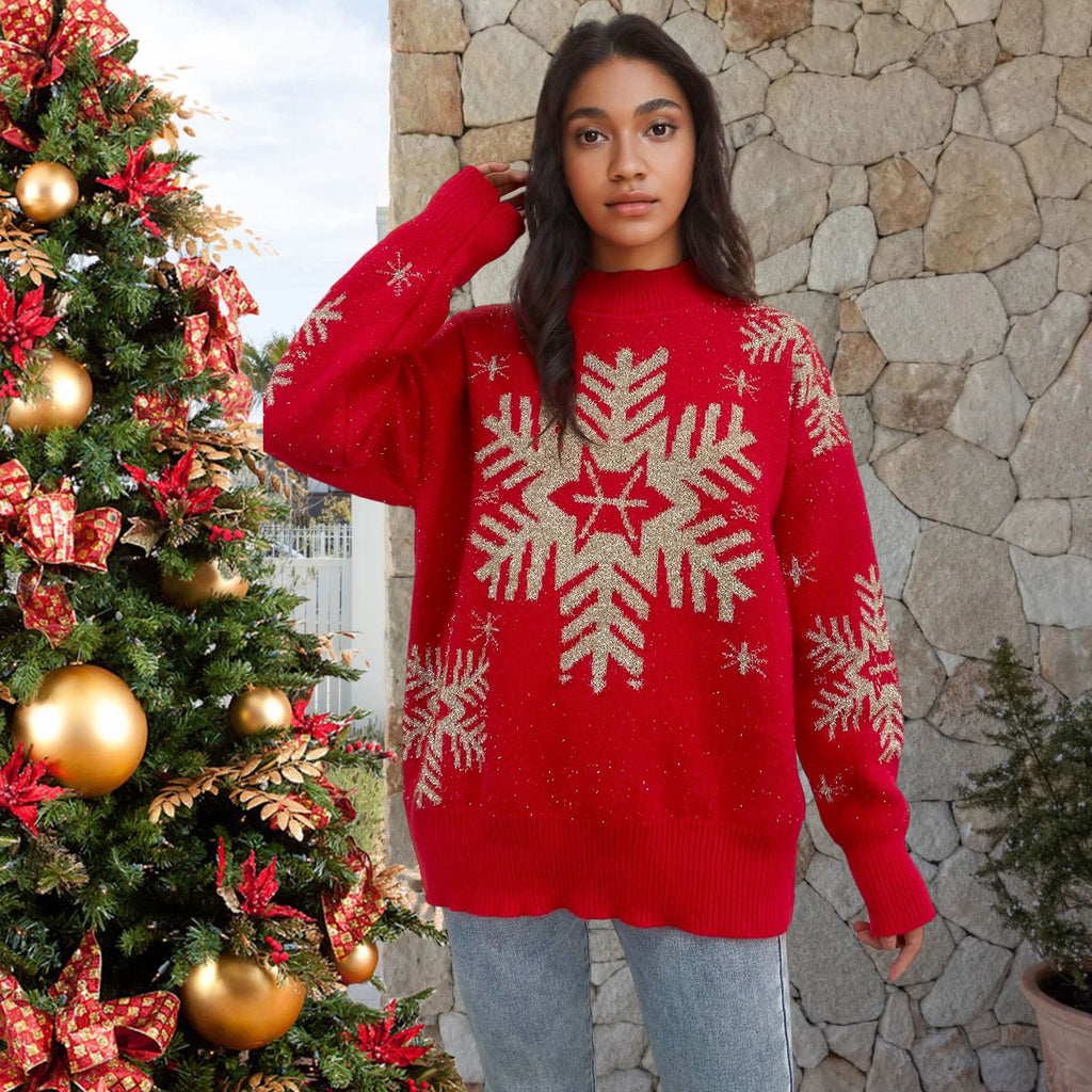 Red snowflake color blocked sweater loose Christmas round neck knit sweater