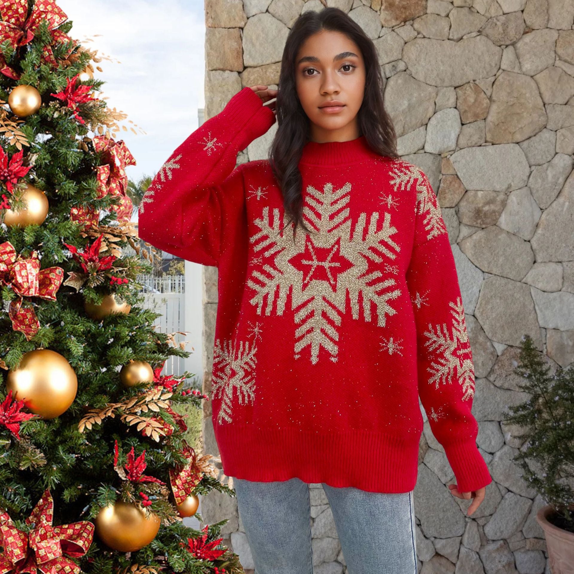 Red snowflake color blocked sweater loose Christmas round neck knit sweater