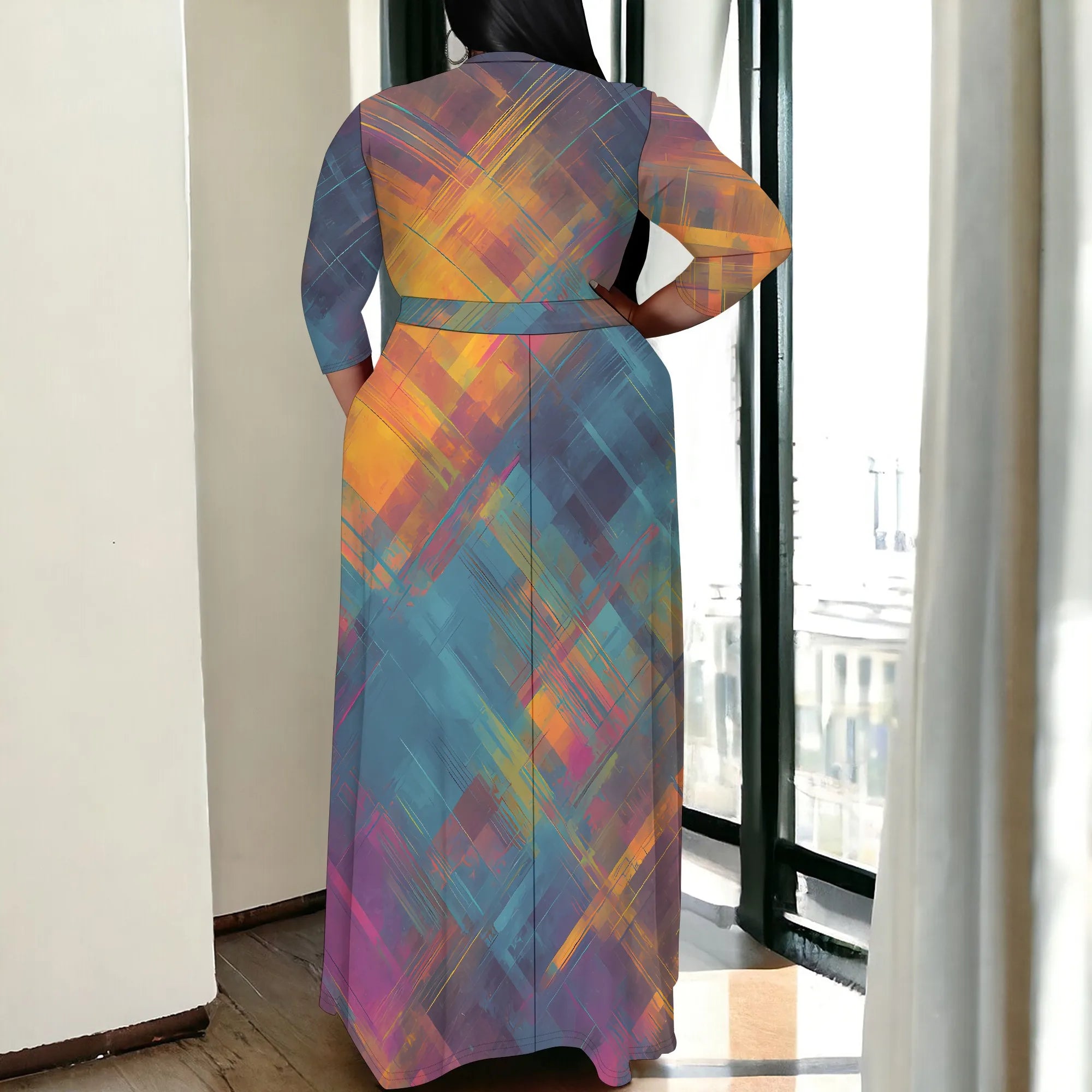 Plus Size Women's 3/4 Sleeve V-Neck Abstract Colorful Print Wrap Maxi Dress Fashion Boho Summer Style