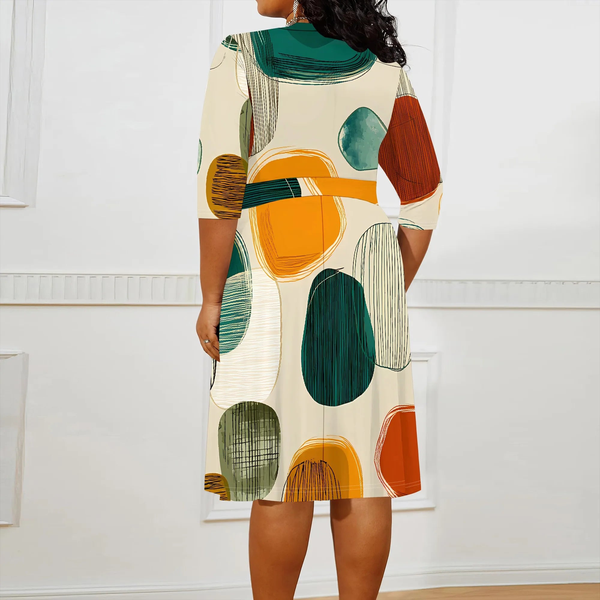 Plus Size V-Neck Wrap Midi Dress Abstract Dot Print Artistic Style Half Sleeve Summer Look