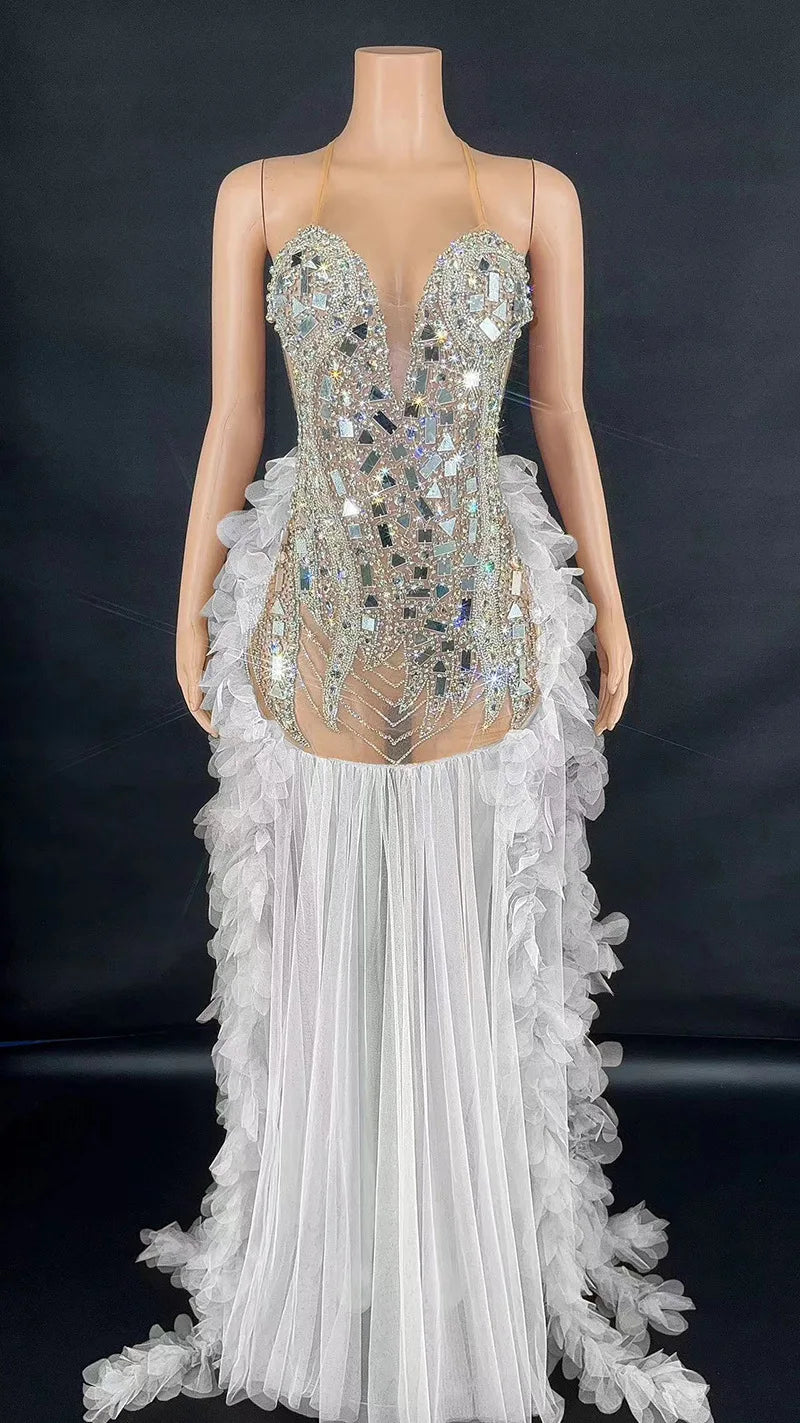 Performance Costume Nightclub Bar Mesh Slim Fit Wedding Master Of Ceremonies Model Walk Show Banquet Party Mini Vestido Sexy Hot