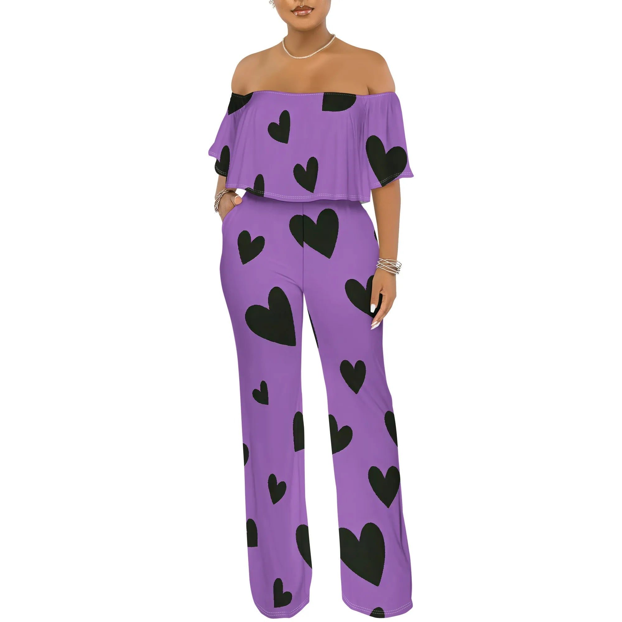 Off Shoulder Tube Top Ruffle Floral Print Jumpsuits for Women Wide Leg Pants Club Party Outfits Jumpsuit with Pockets