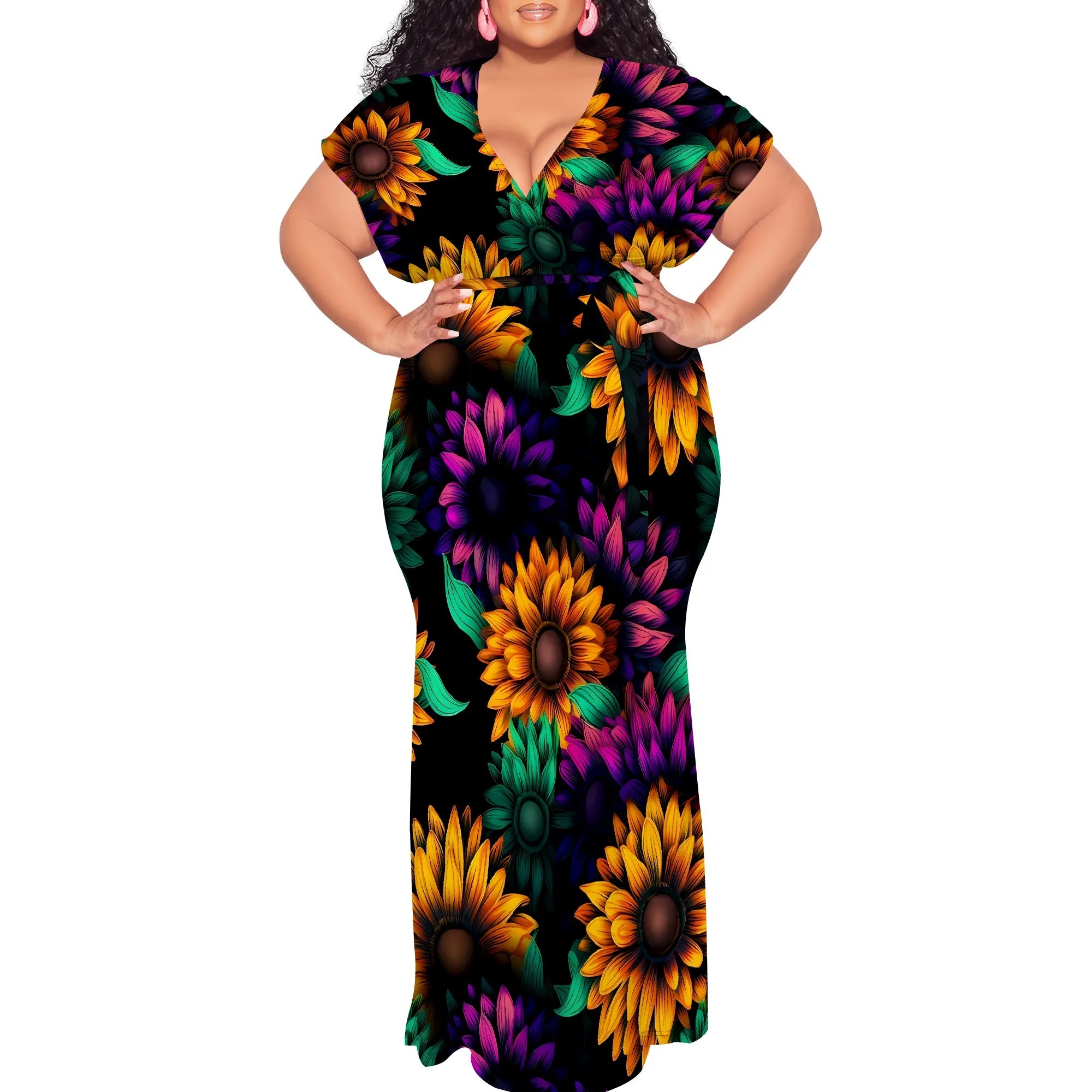 Plus Size Floral Print Maxi Dress V Neck Summer Casual Elegant Long Dress for Women