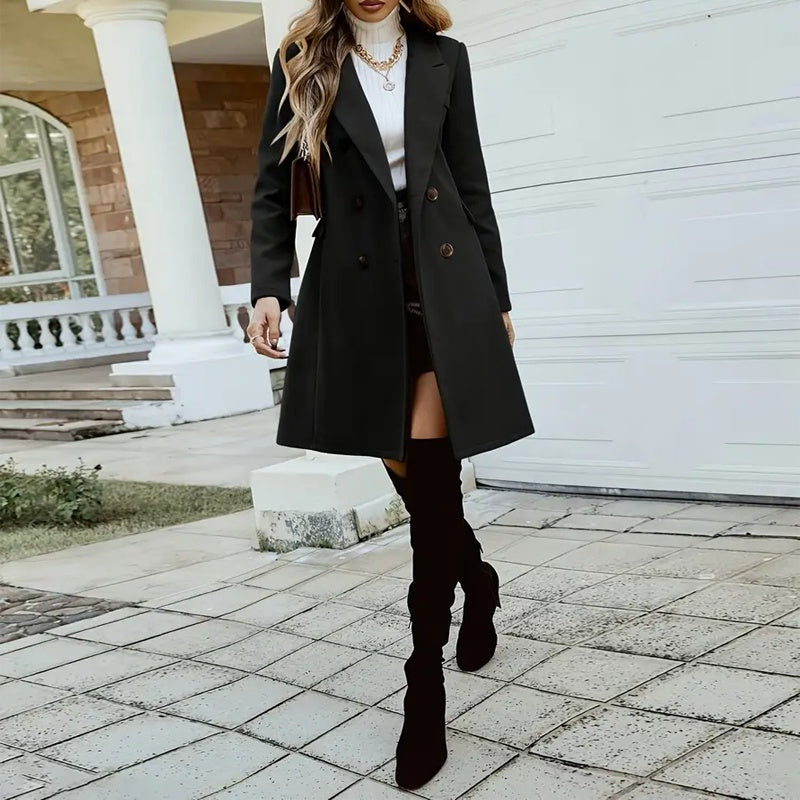 Women's Solid Color Double-Breasted Wool-Like Coat Notch Lapel Long