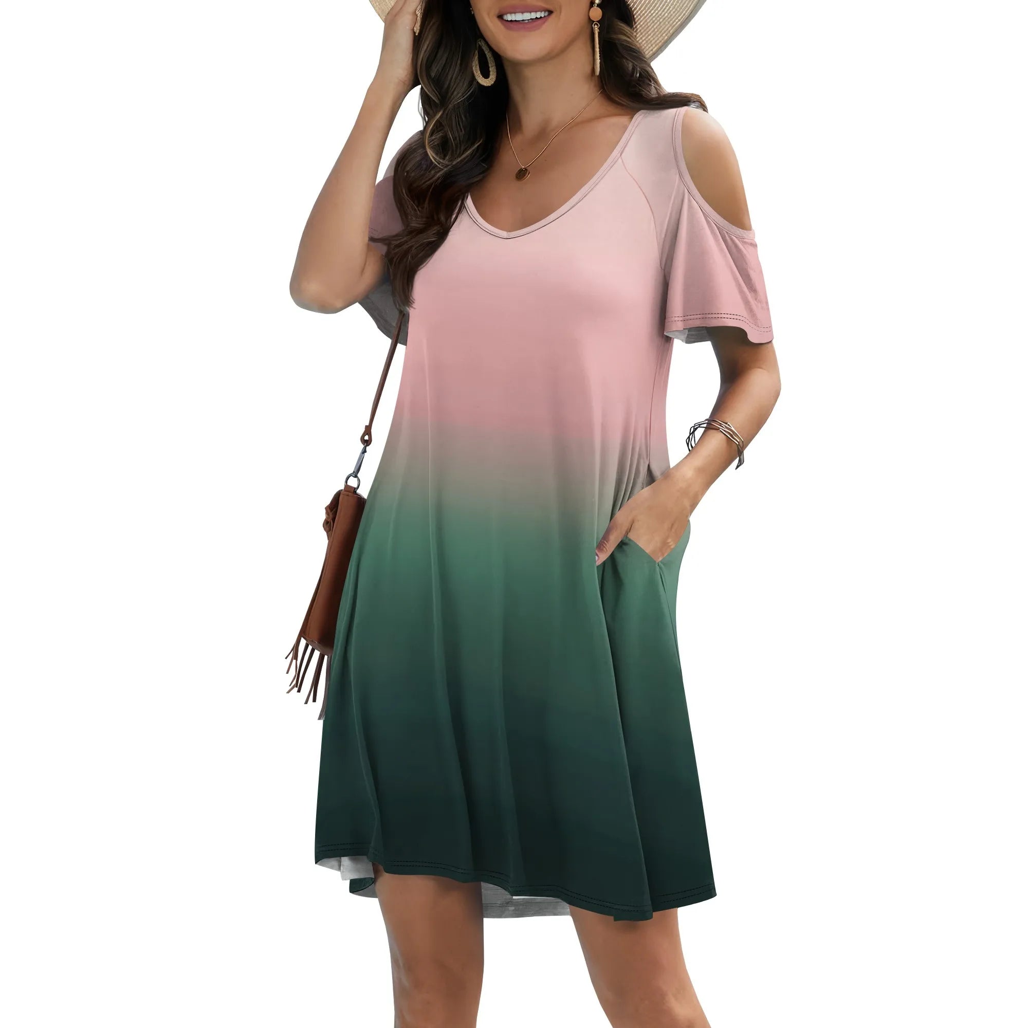 Womens Plus Size Short Sleeve Cold Shoulder V Neck T-Shirt Dress with Pockets