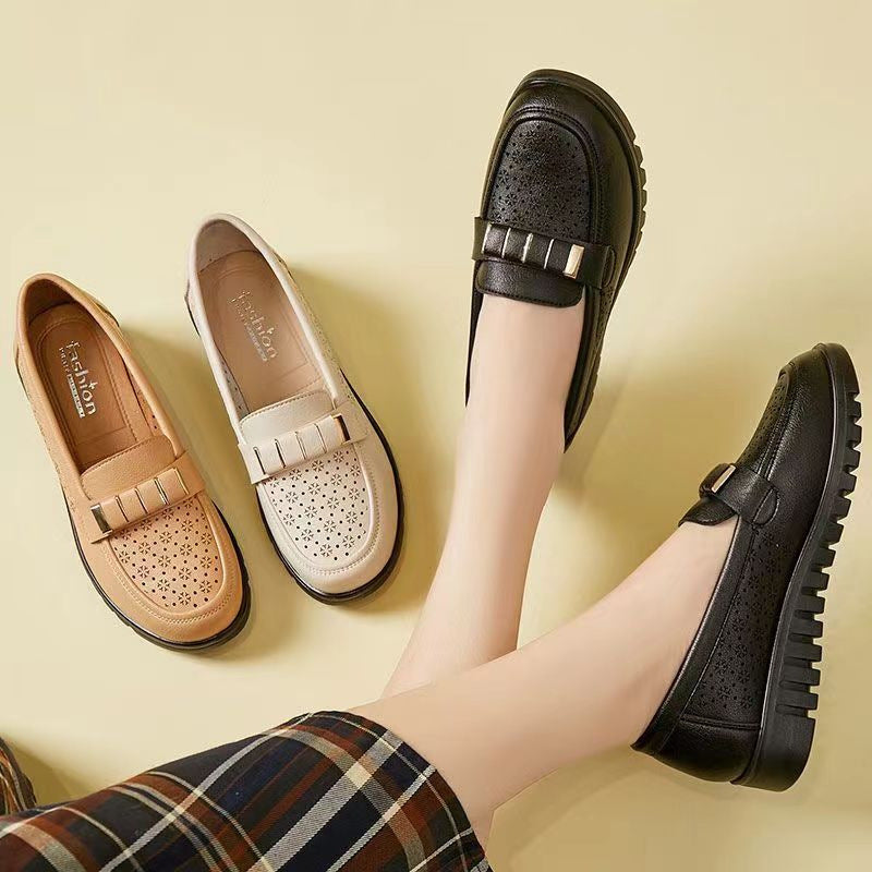 Thick Sole Loafer Women's Casual Breathable Small Leather Shoes Fashionable Mom Shoes Casual Wide Size Single Shoes