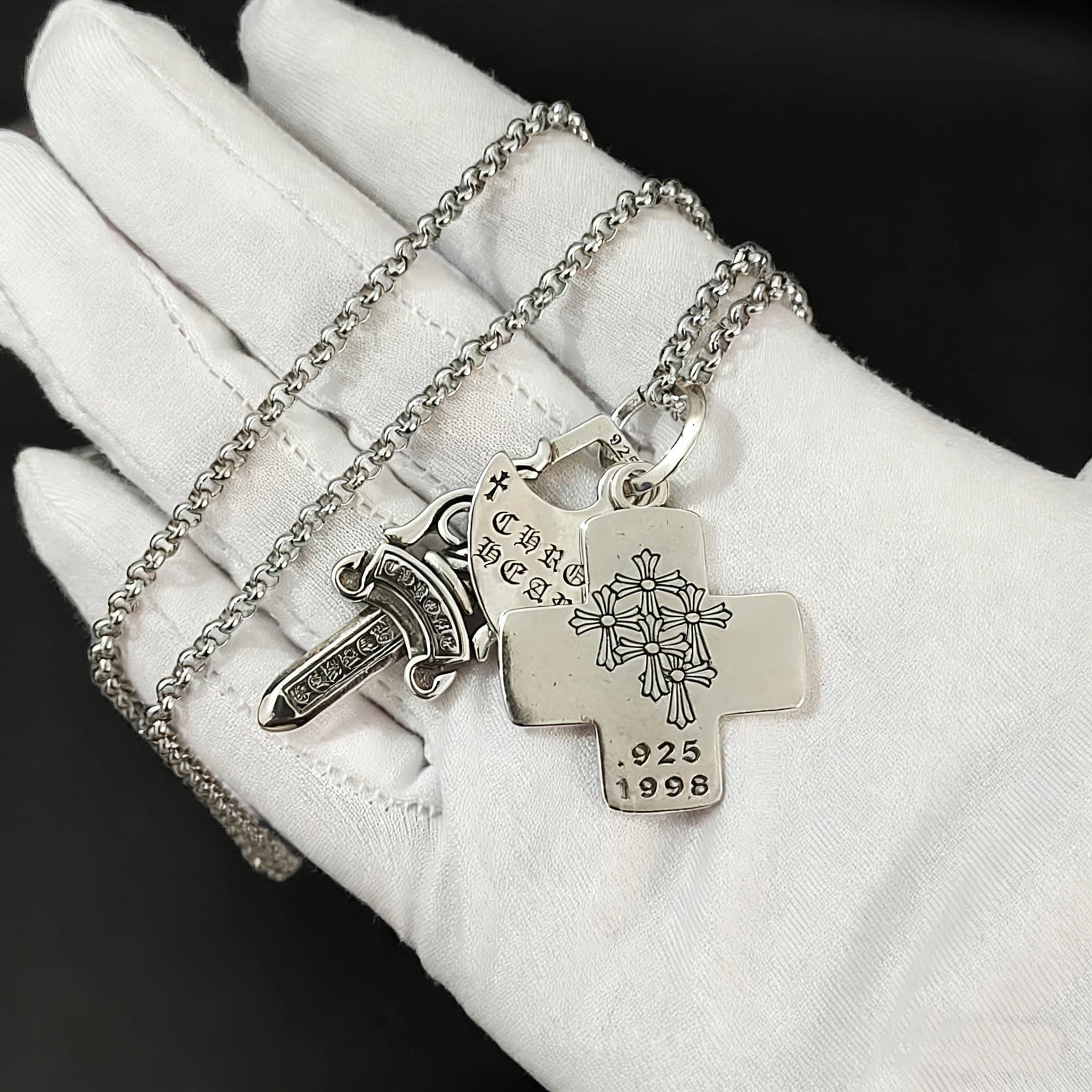 Cross necklace hexagonal star sword boat anchor pendant paired with letter flame pearl chain ﻿
