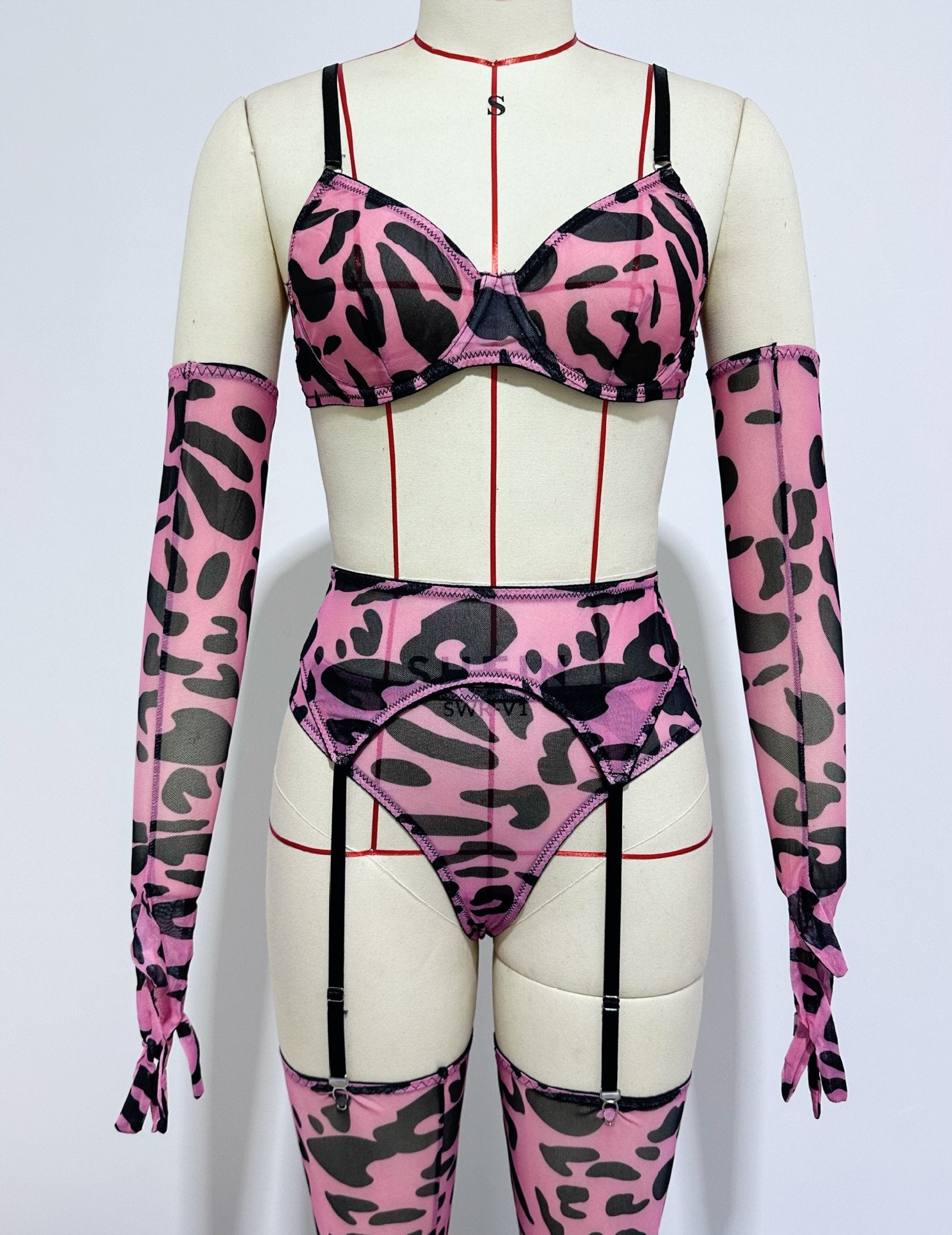 Cross-border  Sexy Underwear Five-piece Set with Gloves, Stockings, Tie-dye Design, Colorful Design, Erotic Underwear Set