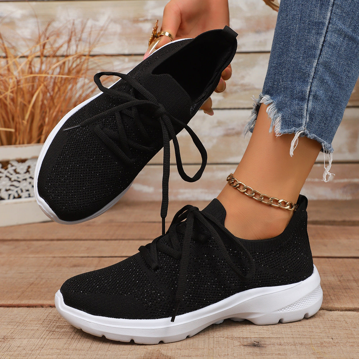 Plus Size Knit Sports Shoes Spring Autumn New Flat Elastic Laced Casual Shoes Soft Sole Single Shoes Women