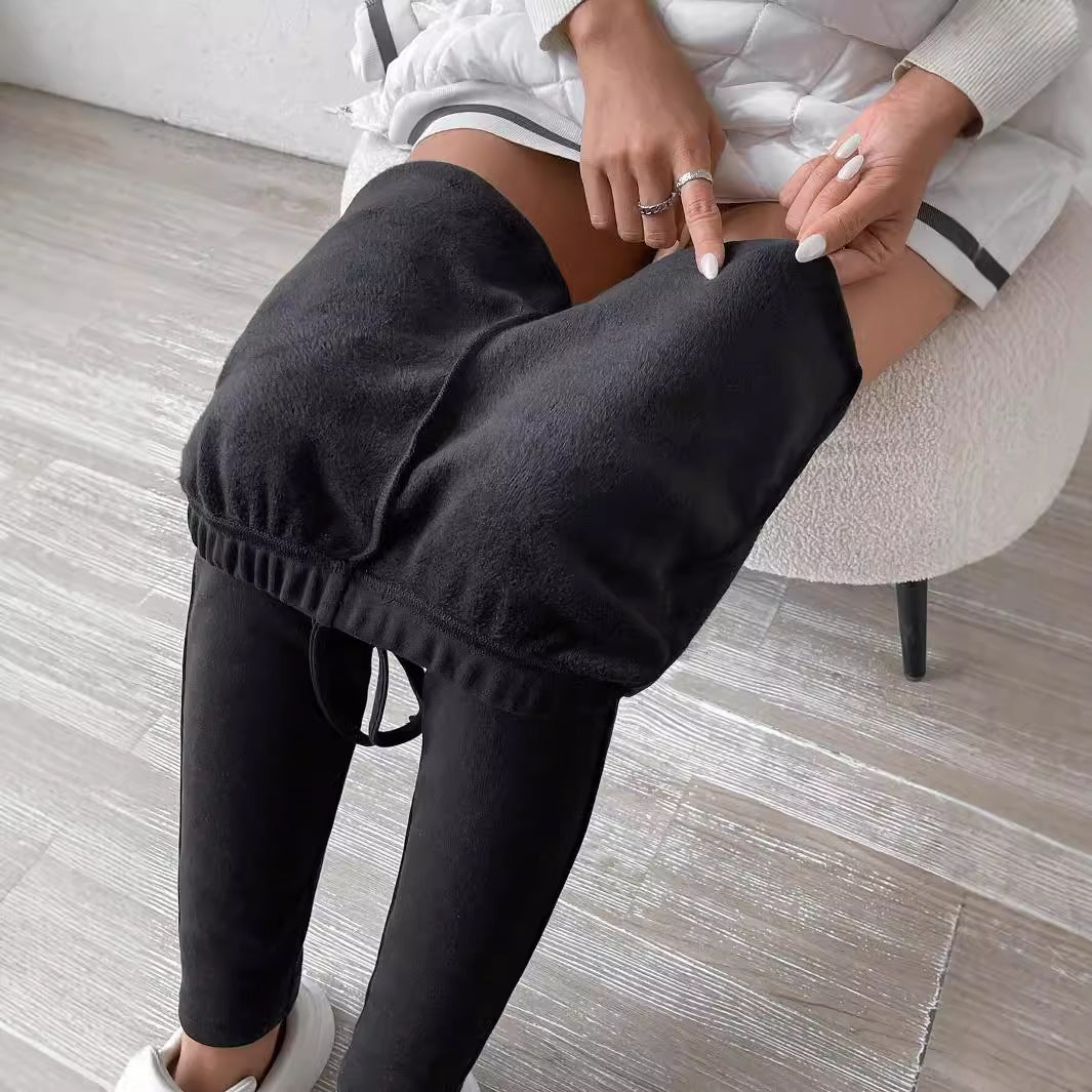 Pure Color Fleece Drawstring Slim Warm High-Waist Outerwear Leggings