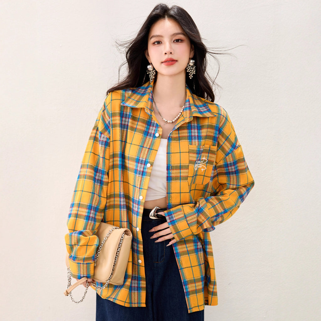 French Yellow Checkered Shirt Blousefor Women Summer Long Sleeve Sun Protection Top