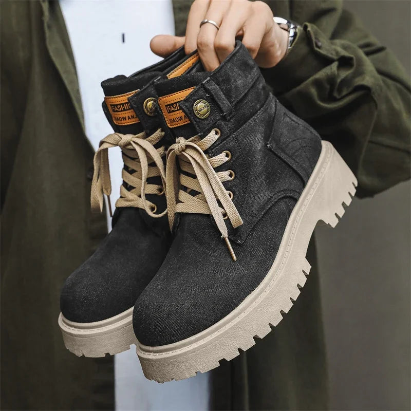 Cowboy boots new autumn thick soled Martin boots fashionable retro washed high top big toe shoes for men