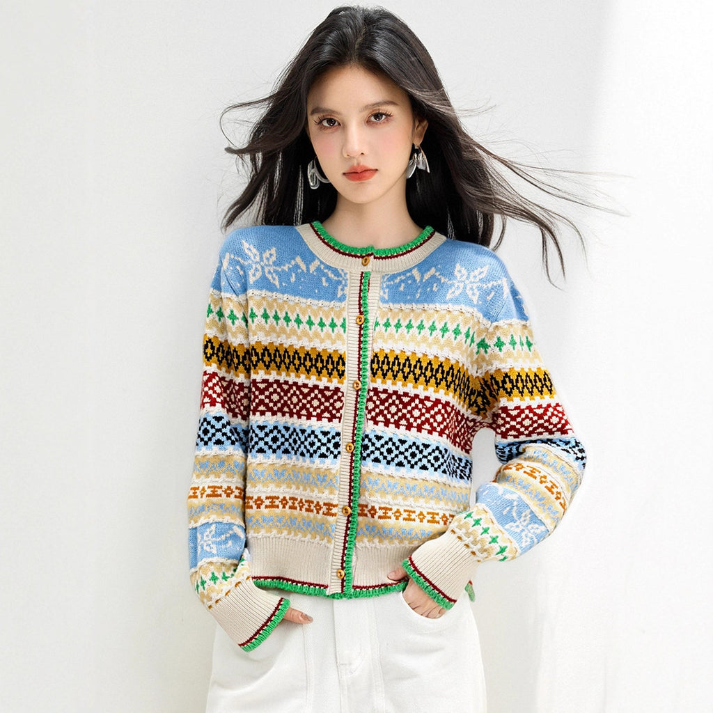 style Retro Jacquard Crewneck Knit Cardigan for Women, Loose Lazy Style Soft Sweater Coat Top