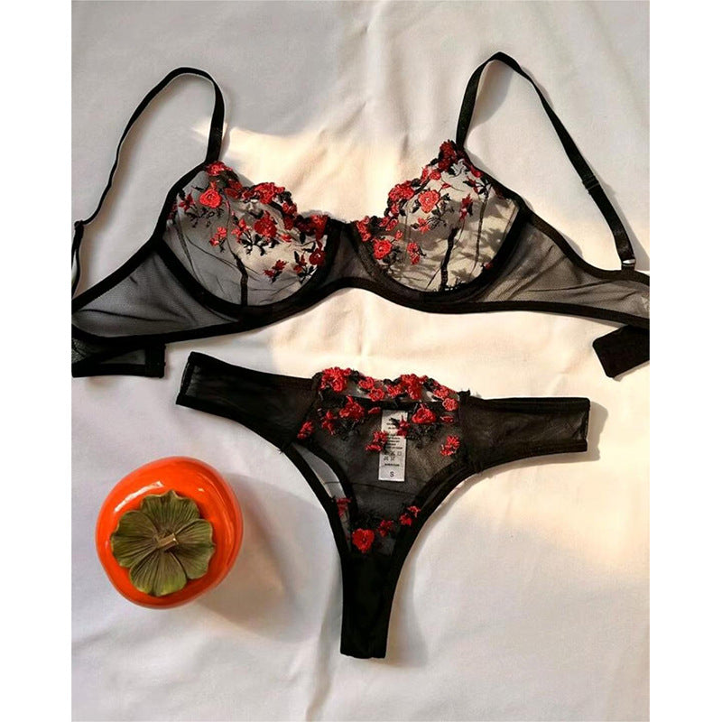 Conjunto de lencería de dos piezas para mujer, sexy, de cintura baja, con bordado floral, de malla transparente