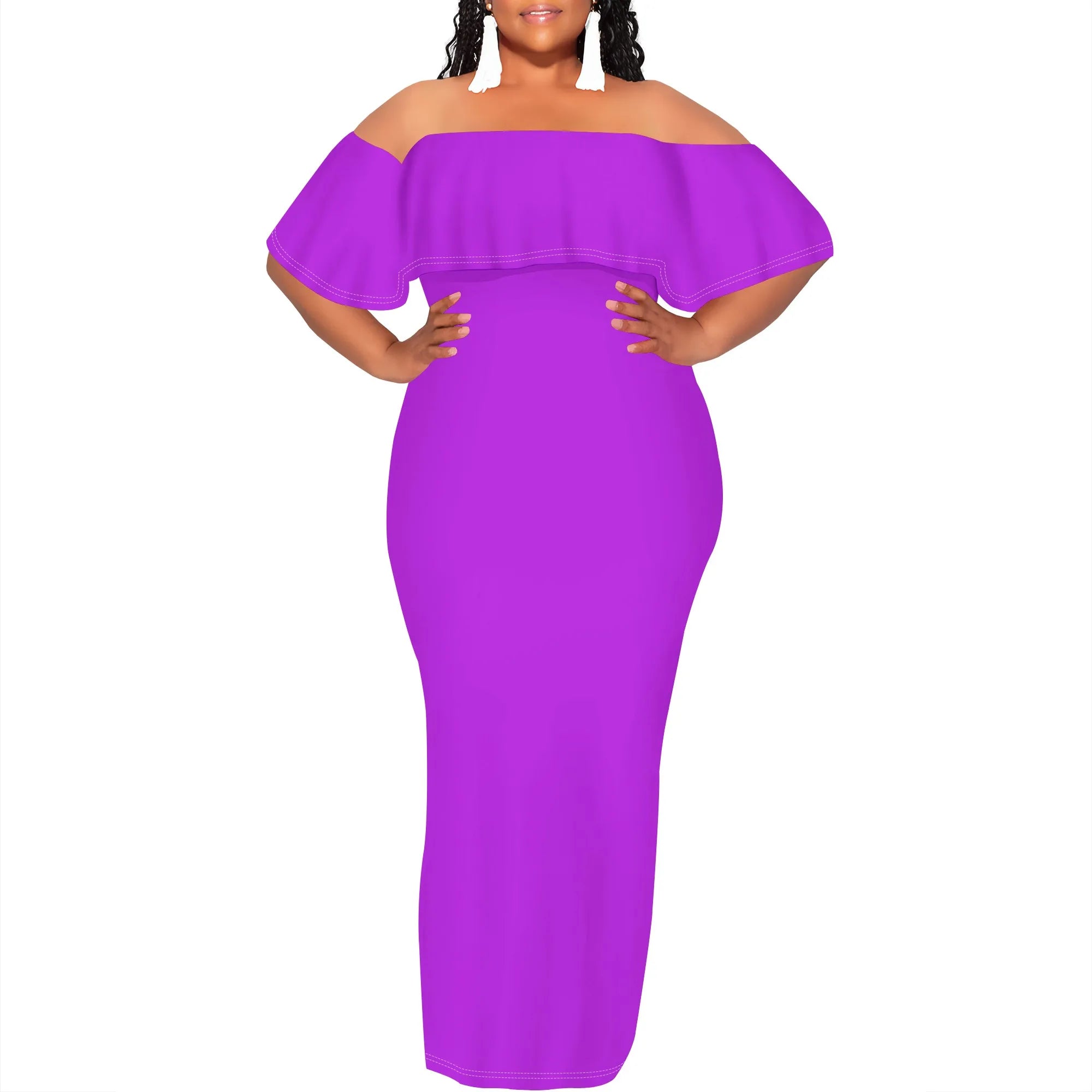 Curvy Women Casual Solid Color Off Shoulder Casual Short Sleeve Sexy Plus Size Maxi Dress Cocktail Club Party Dresses