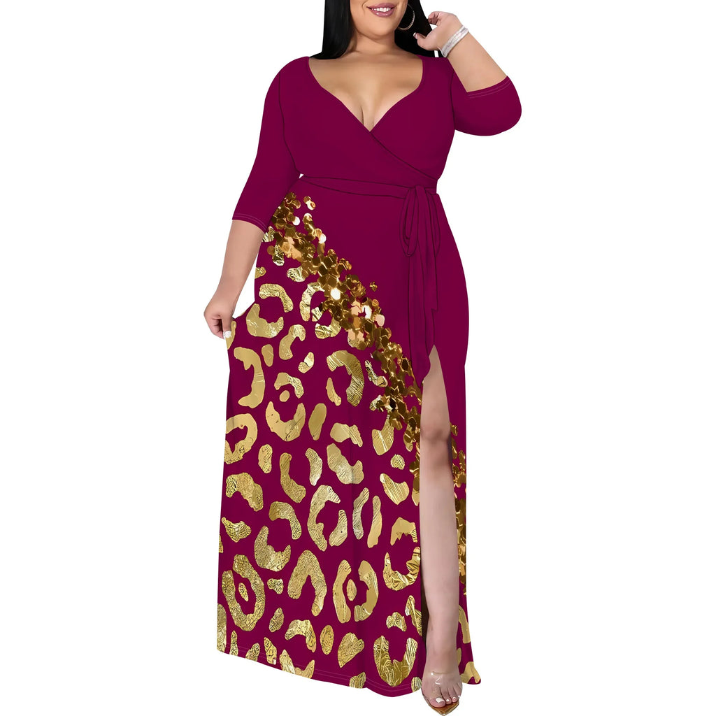 Plus Size V-Neck Wrap Maxi Dress with Gold Leopard Print Split Hem Elegant Party Dress for Women