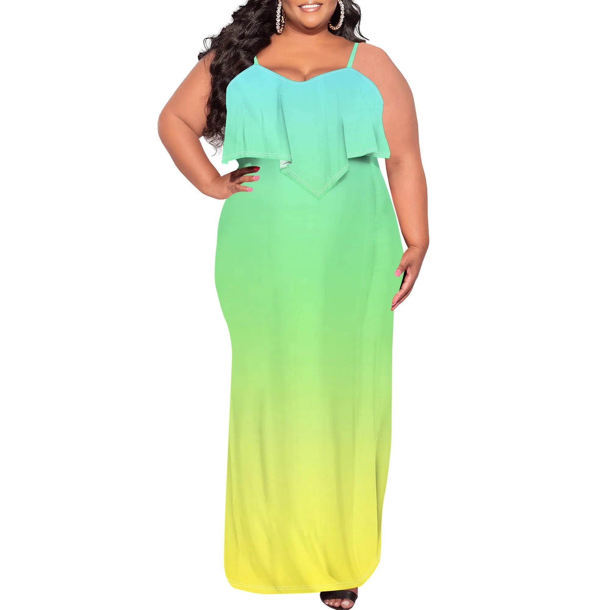 Womens Sexy Plus Size Sleeveless Spaghetti Strap Stripes Printed Ruffles Party Clubwear Dress