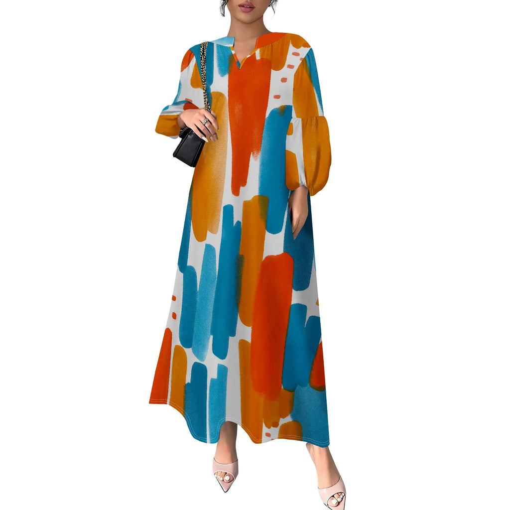 Women's Summer Boho Floral Long Sleeve V-Neck Midi Dress Casual Loose Colorful Beach Vacation Dress with Pockets