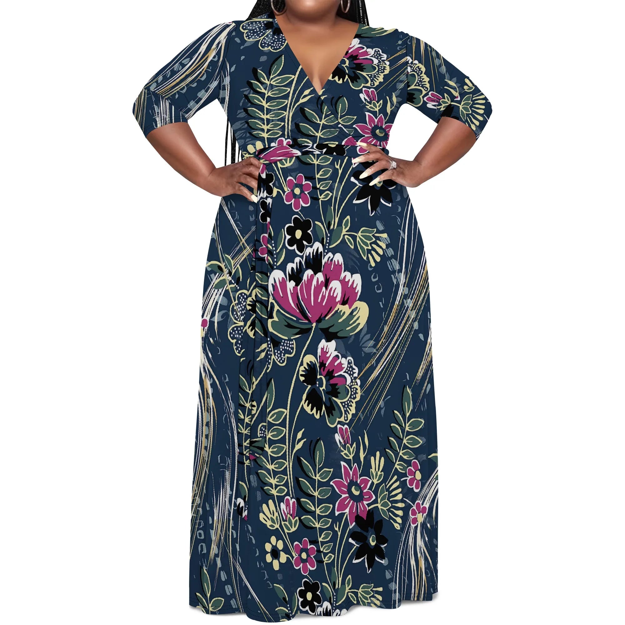 Plus Size Women's V-Neck Half Sleeve Abstract Floral Maxi Dress Elegant Summer Vacation Dress