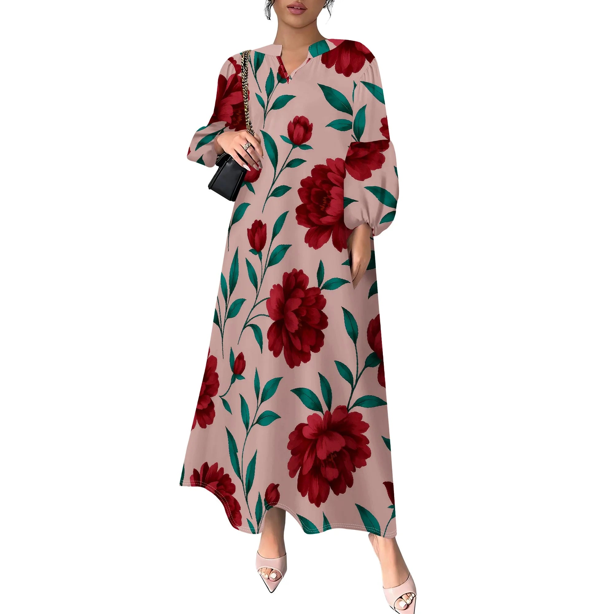 Women's Summer Boho Floral Long Sleeve V-Neck Midi Dress Casual Loose Colorful Beach Vacation Dress with Pockets
