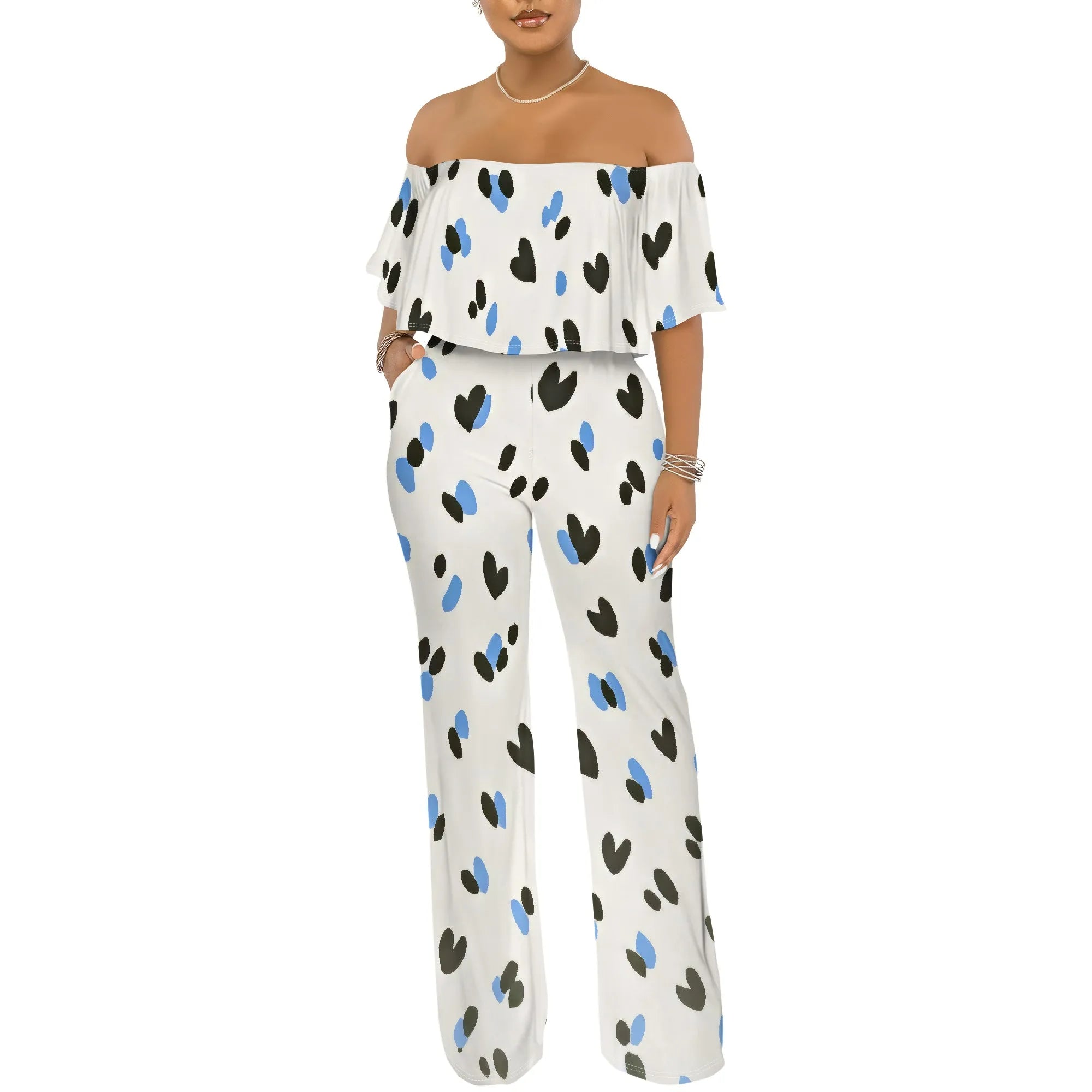 Off Shoulder Tube Top Ruffle Floral Print Jumpsuits for Women Wide Leg Pants Club Party Outfits Jumpsuit with Pockets