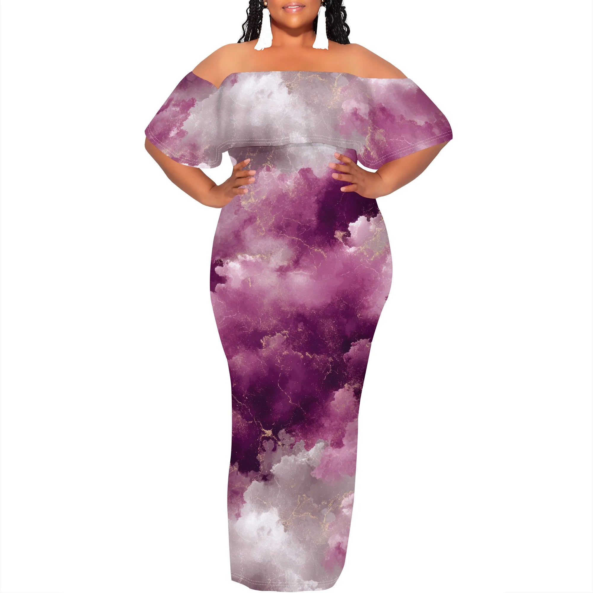 Curvy Women Casual Solid Color Off Shoulder Casual Short Sleeve Sexy Plus Size Maxi Dress Cocktail Club Party Dresses