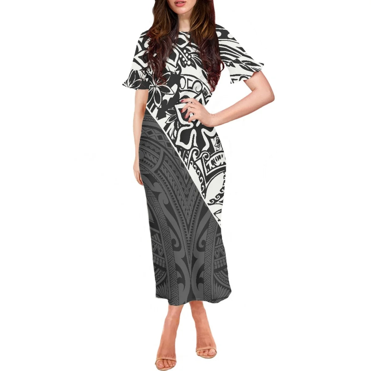 Summer Flowers Polynesian Tiare Monoi Tattoo Dress Hawaiian Style Women's Ruffle Short Sleeve Dress Casual Clothing