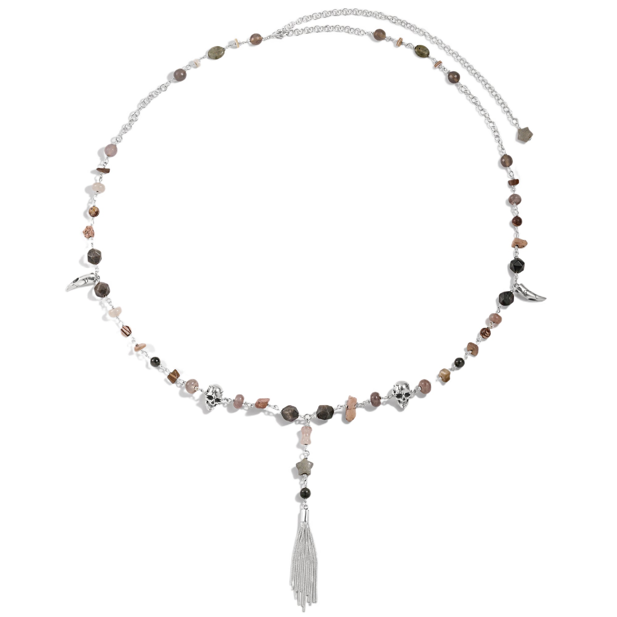 Statement Metal Jewelry Edgy 925 Pure Silver Fashion Skull Head Irregular Stone Tassels Waist Chain Metal