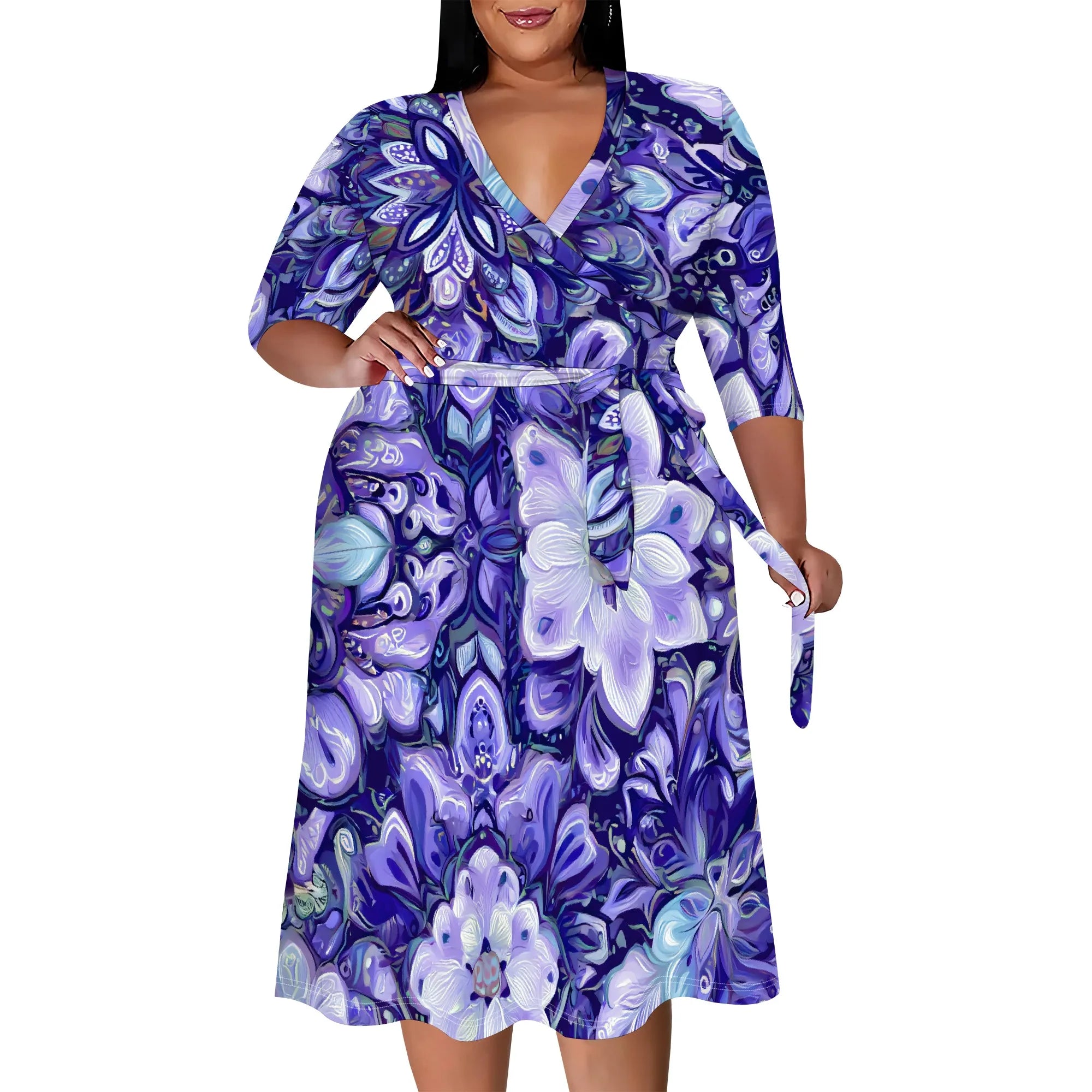 Plus Size V-Neck Wrap Midi Dress Purple Swirl Floral Print 3/4 Sleeve Elegant Look