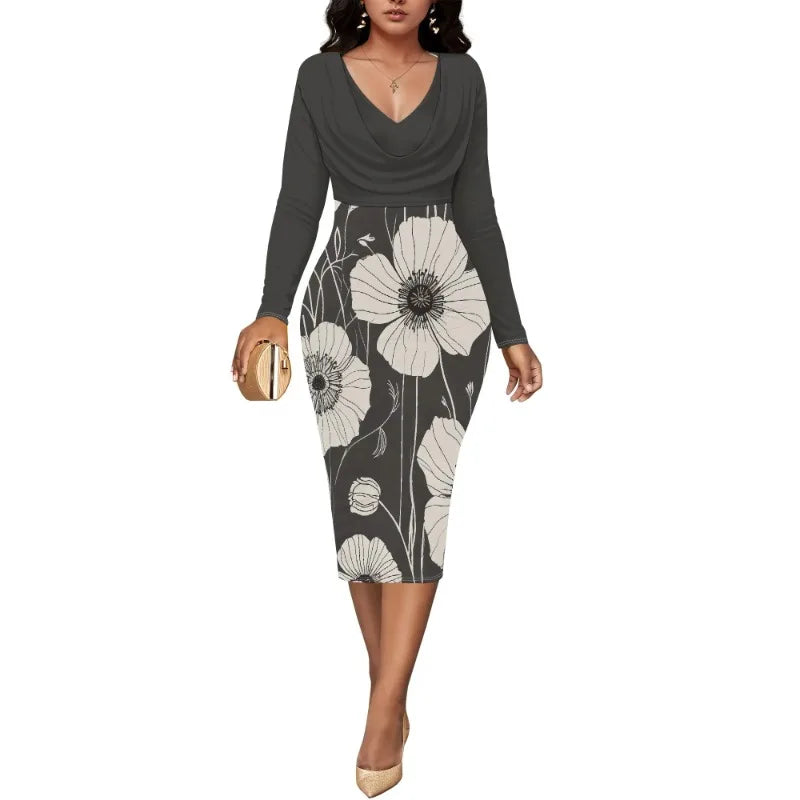 Womens Midi Dresses Church Dresses Long Sleeve Bodycon Cowl Neck Pencil Dress