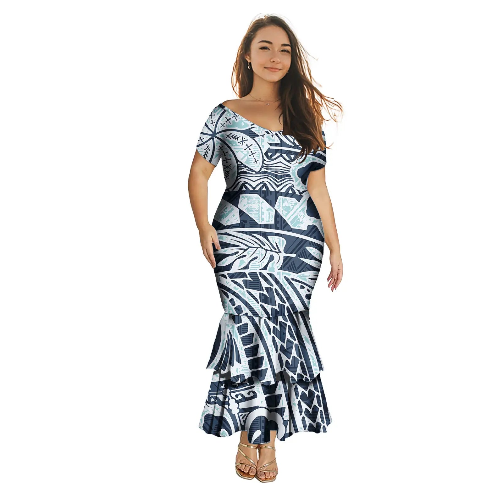 Fashion Puletasi Polynesian Dress for Women Luxury Print Maxi Mermaid Evening Dress Sexy Off Shoulder Dresses