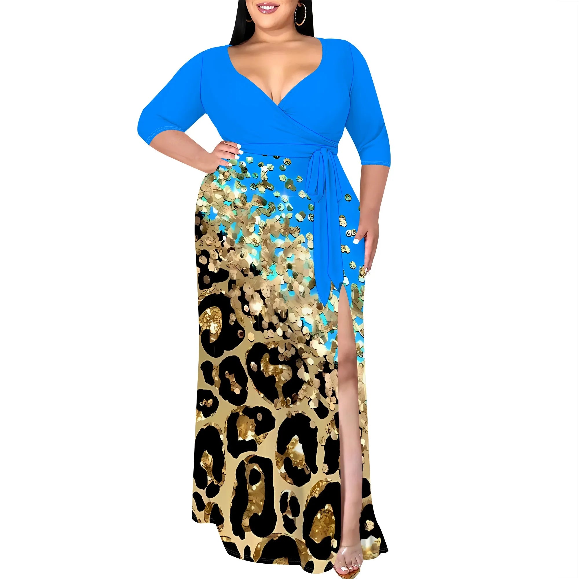 Plus Size V-Neck Wrap Maxi Dress with Gold Leopard Print Split Hem Elegant Party Dress for Women