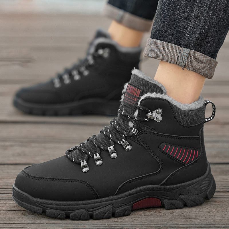 Winter new warm cotton shoes with added fleece outdoor hiking shoes thick soled snow boots high top men's shoes