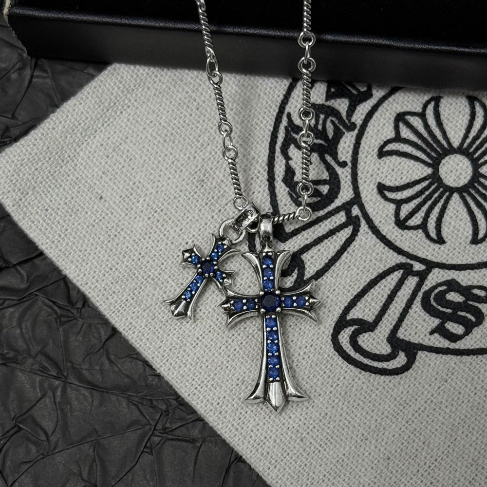 Vintage colored diamond double cross pendant necklace