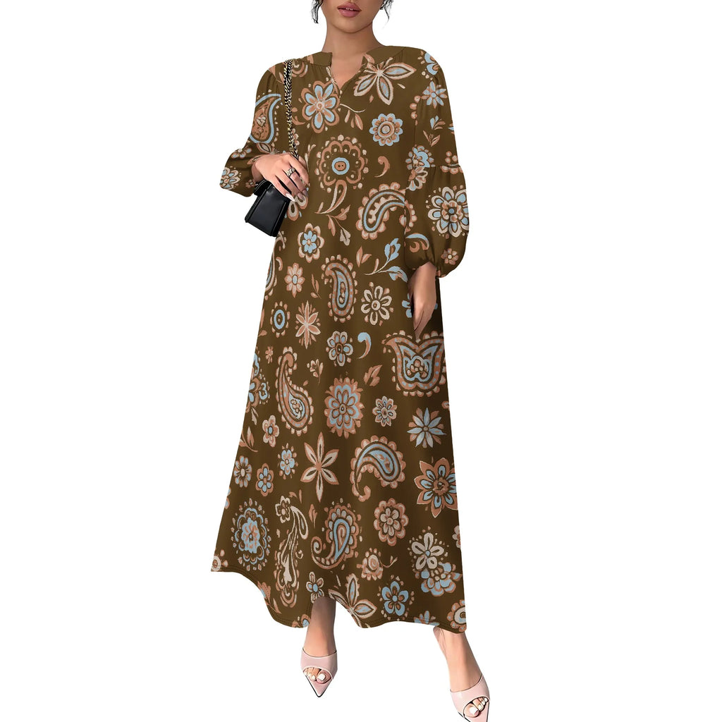 Women's Summer Boho Floral Long Sleeve V-Neck Midi Dress Casual Loose Colorful Beach Vacation Dress with Pockets