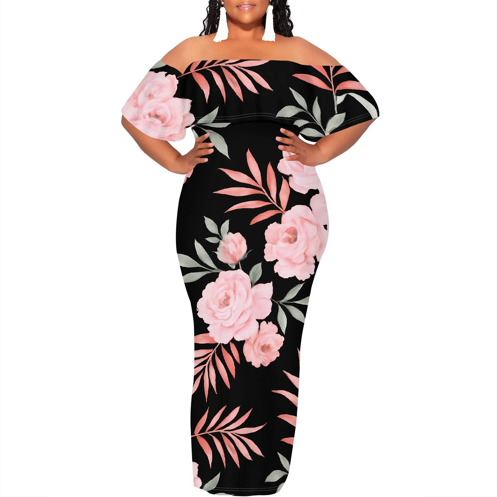 Curvy Women Casual Solid Color Off Shoulder Casual Short Sleeve Sexy Plus Size Maxi Dress Cocktail Club Party Dresses