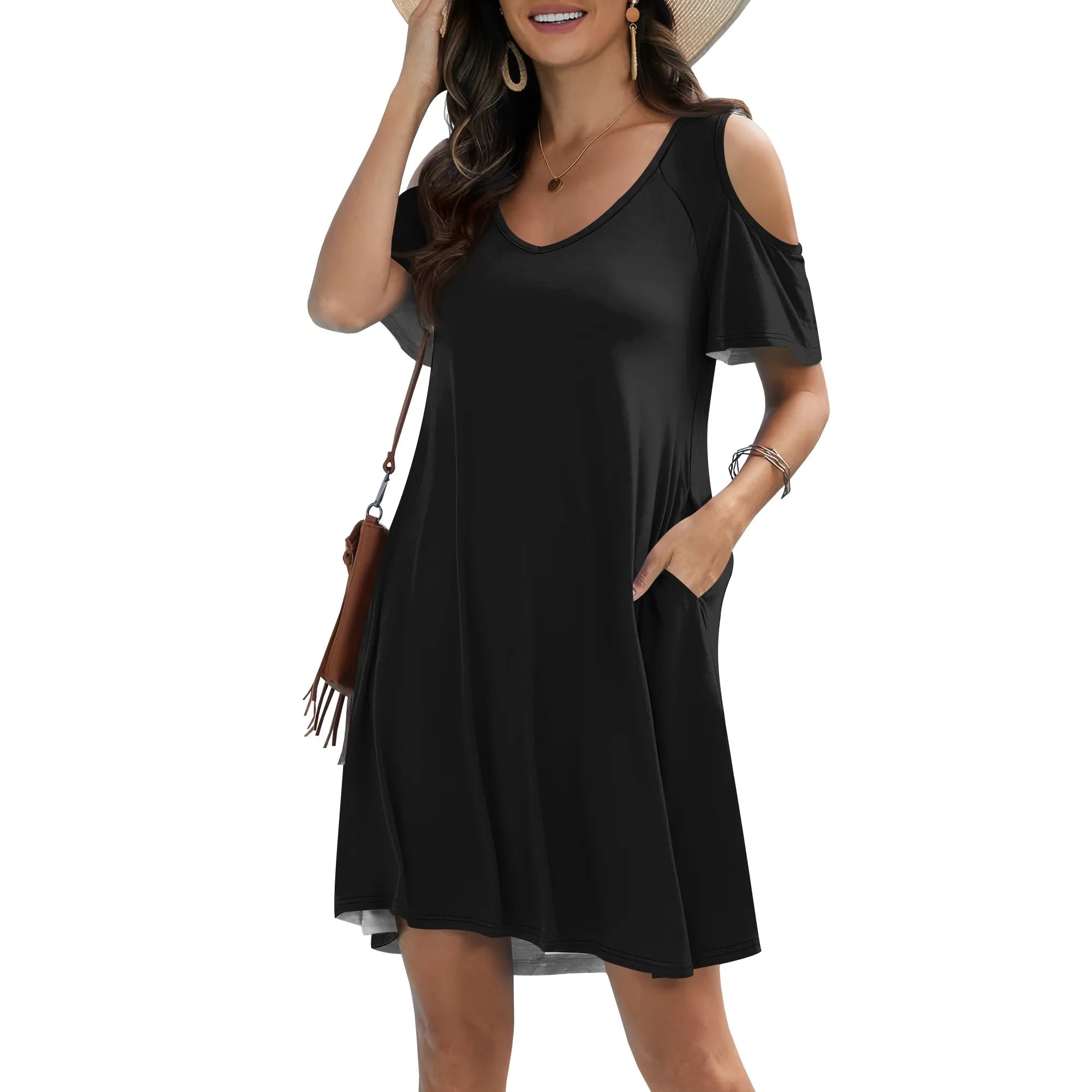 Womens Plus Size Short Sleeve Cold Shoulder V Neck T-Shirt Dress with Pockets