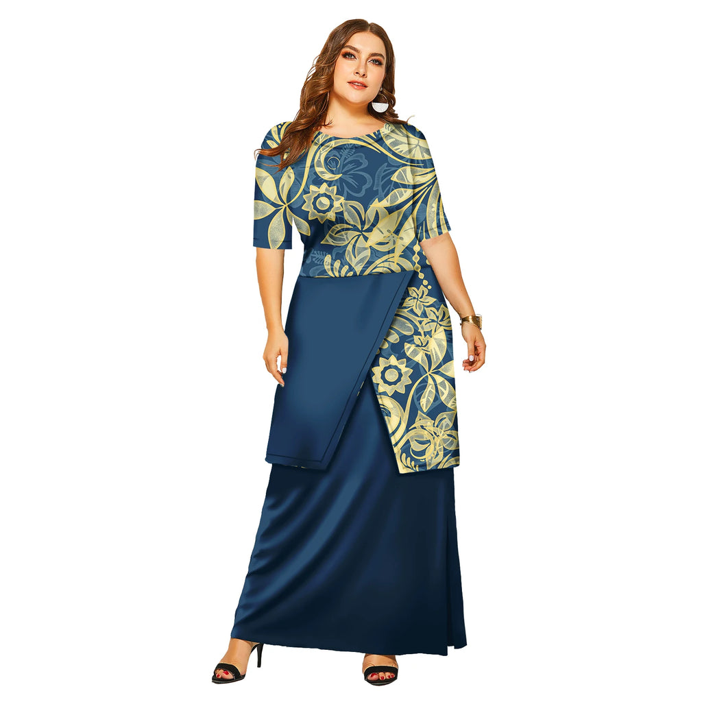 Vestido largo elegante con mangas florales para mujer, estilo hawaiano de las Islas del Pacífico, para playa, Puletasi 