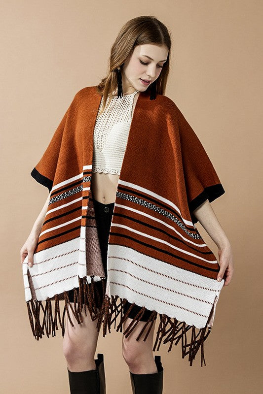 Western Striped Fringed Ruana Poncho Cardigan