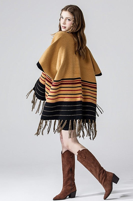 Western Striped Fringed Ruana Poncho Cardigan