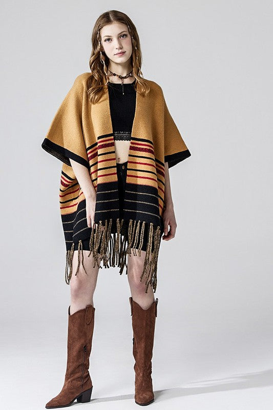 Western Striped Fringed Ruana Poncho Cardigan