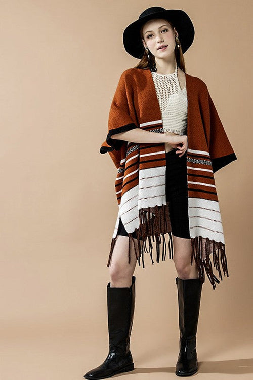 Western Striped Fringed Ruana Poncho Cardigan