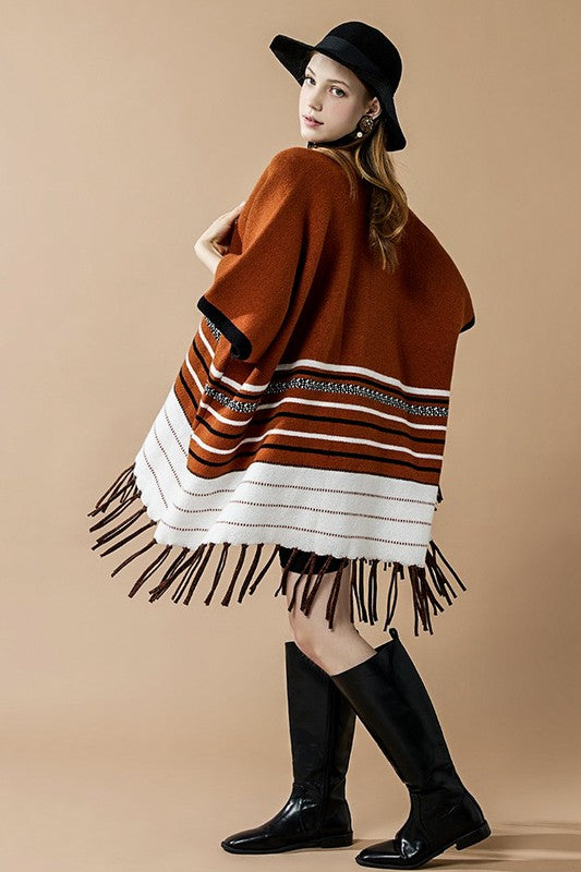 Western Striped Fringed Ruana Poncho Cardigan