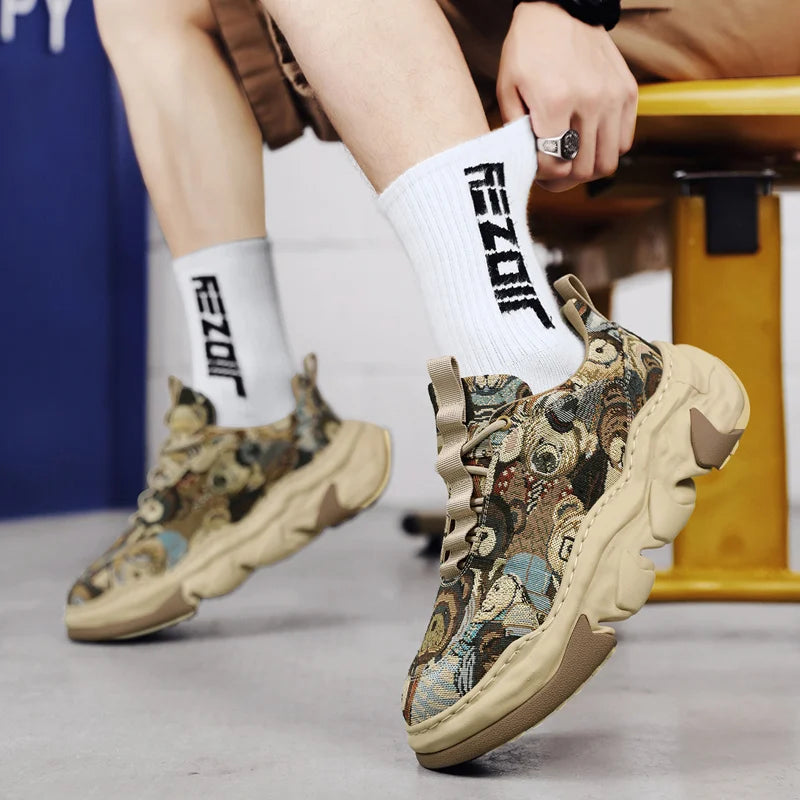 Canvas breathable thick sole height increasing dad shoes with dissolved sole, trendy sports running shoes