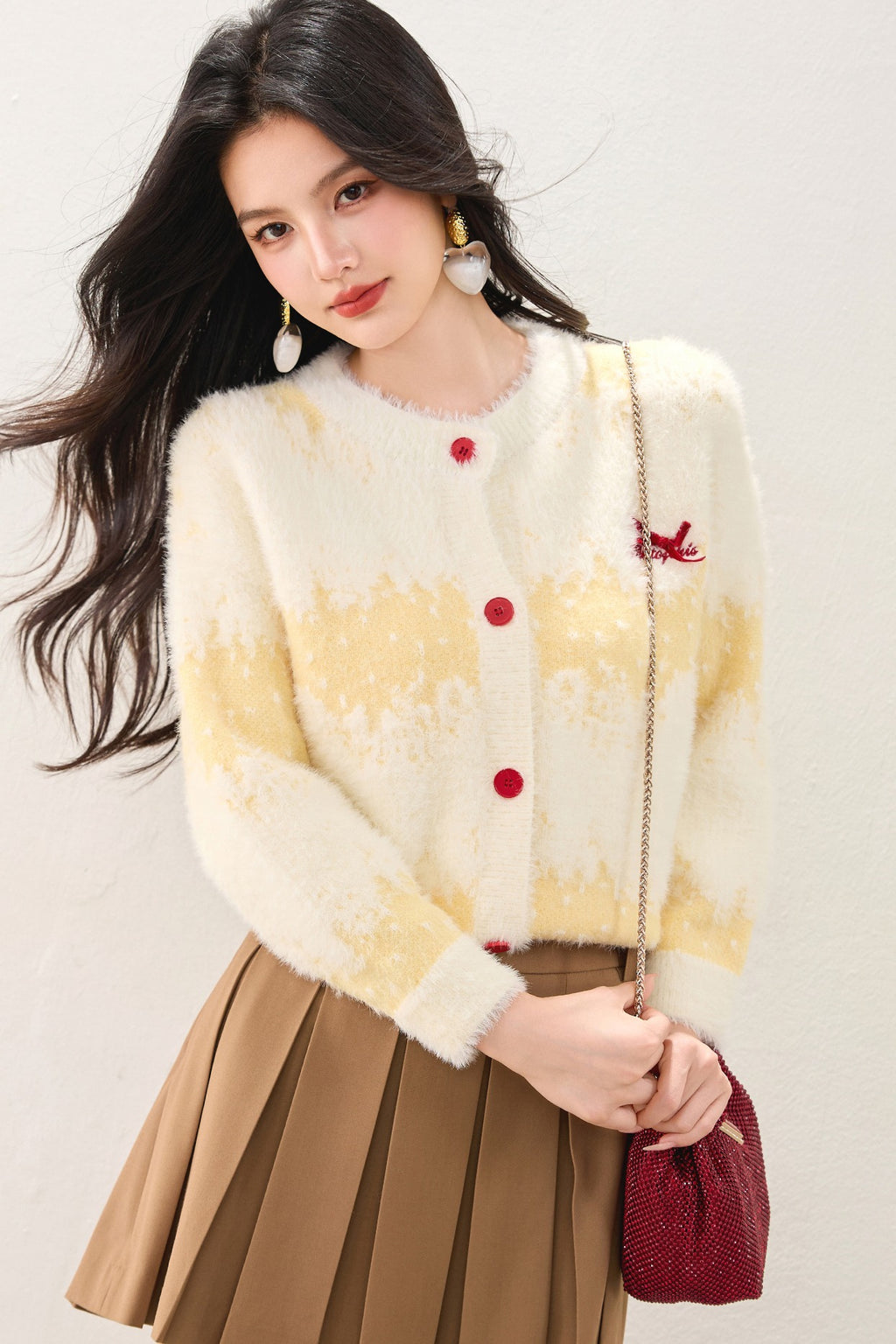 Cute Butter Yellow Long Hair Gradient Stripe Lazy Style Cardigan Sweater, Loose Fit, Bow Detail, Casual Fashion