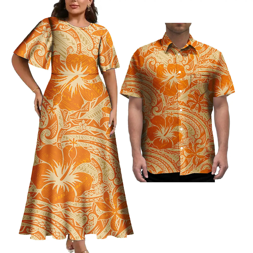 Vestido informal de talla grande para mujer con estampado tropical polinesio, estilo isleño, con camisa hawaiana a juego para hombre. 