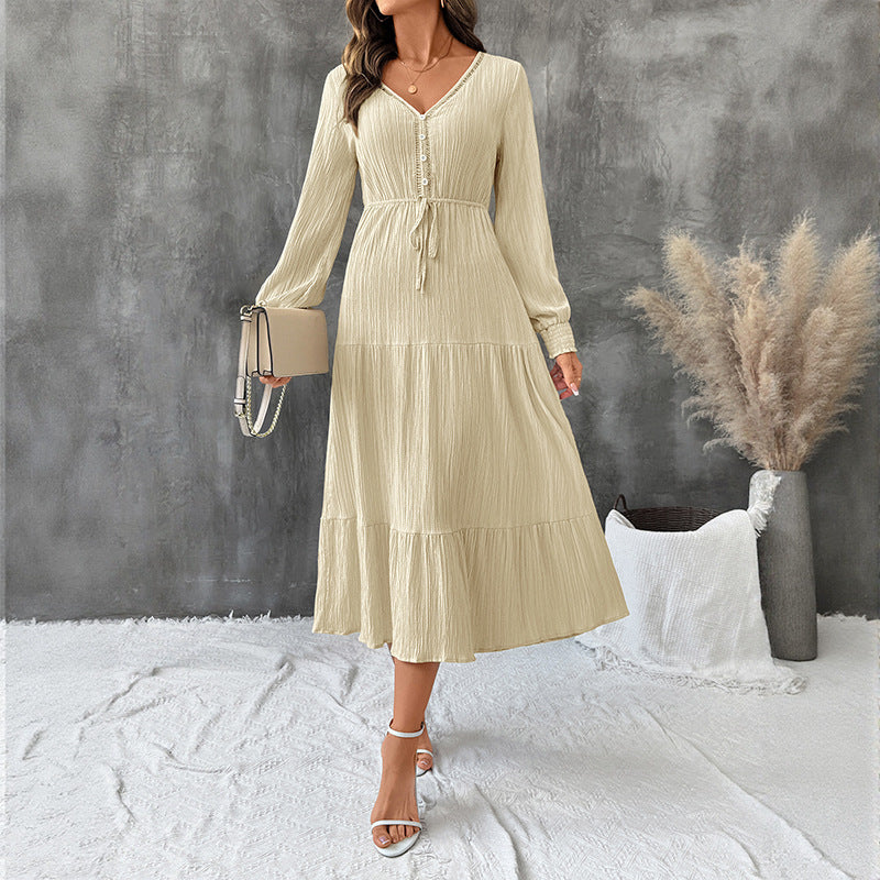 Elegant style long sleeved pleated V-neck solid color dress